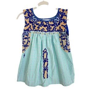 Mi Golondrina Flores Embroidered Mexican Top Blouse Blue Gingham Tuckernuck